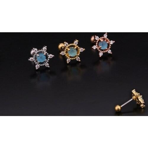 1 PCS Small Geometric Star Ear Stud Cuff Earring Gold Color Round Blue Zircon Double Sided Steel Ball Earring Ear Jewelry