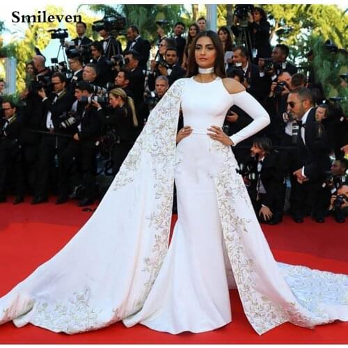Smileven White Evening Dress Long Sleeve Appliqued Lace Prom Gowns saudi arabia Sexy Evening Party Dress