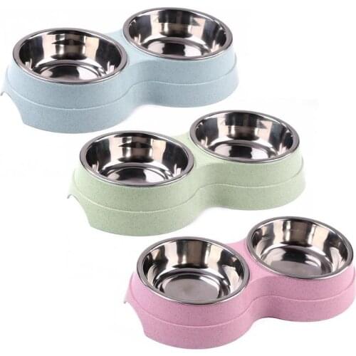 Dog Double Bowl Puppy Food Water Feeder Cute Stainless Steel Pets Drinking Dish Feeder Pets Supplies Feeding Dishes Dogs Bowl