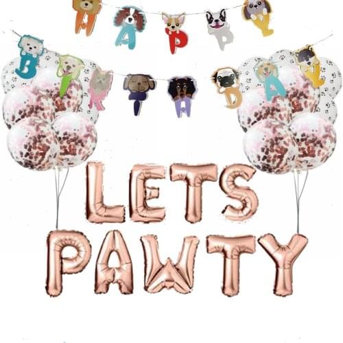 Pet Birthday Theme Party Decor Cat Face Dog Pet Flag Animal Banner 16inch Letter LETS PAWTY Pet Birthday Balloon Party Set Favor