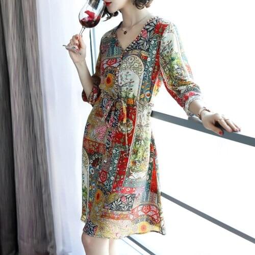 Vintage Boho 200% Silk Summer Dress Floral Elegant Midi Dresses for Women V Neck Vestidos De Verano R6209 Pph424