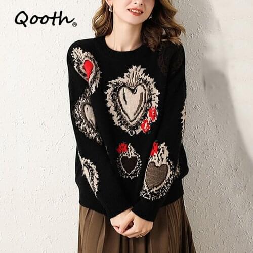 Qooth Embroidery Knit Sweater Women Pullover Love Knitted Sweaters 2020 Spring Fashion Long Sleeve Casual Loose Jumpers QH2215