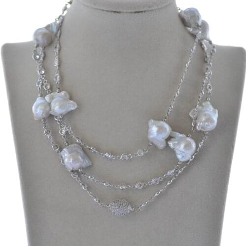 Z10326 50" 23mm White Baroque Drop KESHI Pearl Necklace CZ