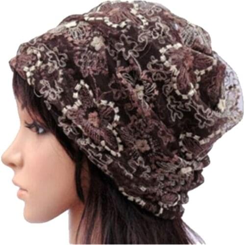 Women Lady Winter Bandana Beanie Turban Head Wrap Band Lace Hat Warm Cap, Coffee