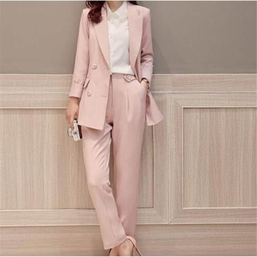 2019 Pink Double Breasted Womens Fashion Business 2 Pieces Suits Women Slim Fit Custom Made Suits Garnitur Damski Jacket+Pants
