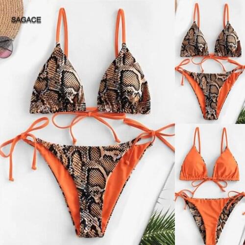 SAGACE Orange Bikini Set Women Summer Split Swimsuit Sexy Snakeskin Print Bandage Swimwear Lady 2020 Holiday Beach biquini A427