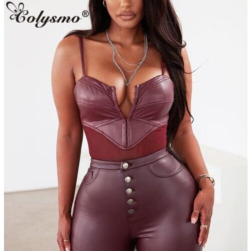 Colysmo Leather Mesh Bodysuit Top Women See Through Patchwork 2 Layers Elastic Pads Adjustable Straps Ladies Sexy Party Romper