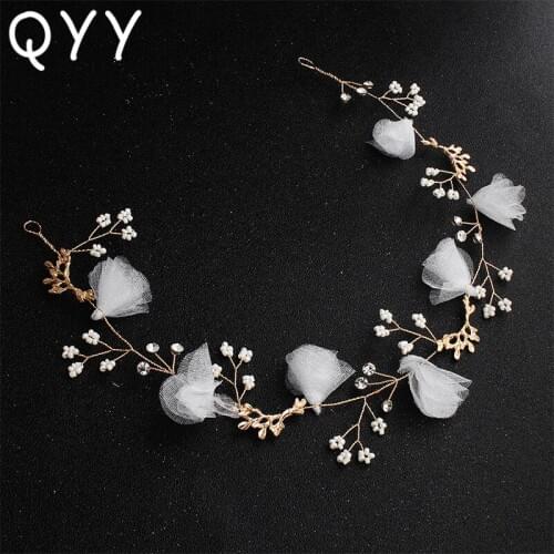 QYY Handmade Crystal Pearls Vine Wedding Headbands Hair Jewelry Bridal Hair Accessories Bridesmaid Headpieces Tiaras for Women