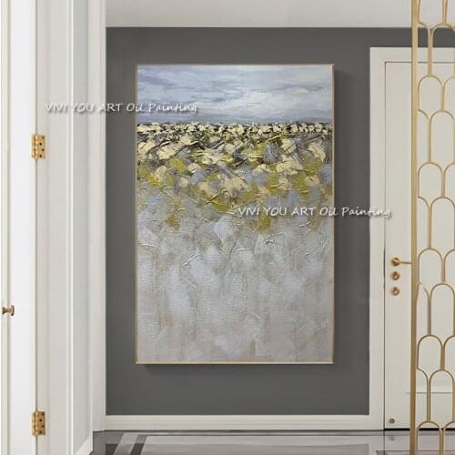 Pure 100% Handmade Abstract Gold Foil Oil Painting Hand-painted High Quality Artwork White and Golden Abstract Painting Gift