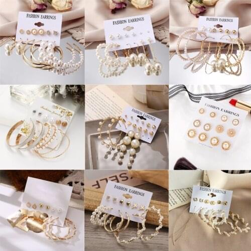 2021 Vintage Pearl Earrings For Women Big Round Circle Hoops Statement Earrings Set Gold Color Metal Dangle Drop Earrings