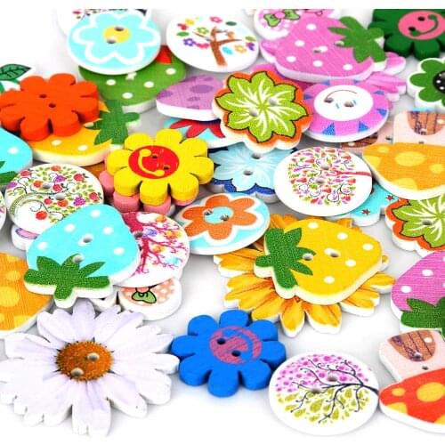 80pcs 2 Holes Assorted Random Mix Cartoon Plant Wodden Buttons For Children Clothes Decorative Button Crafts Scrapbooking