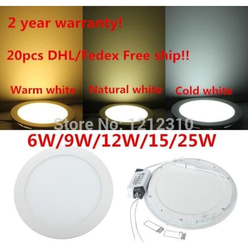DHL free shipping Led Down Light 6W 9W 12W 15W 25W Led Ceiling Downlight AC85-265V Ultra thin Round Panel light 2 year warranty