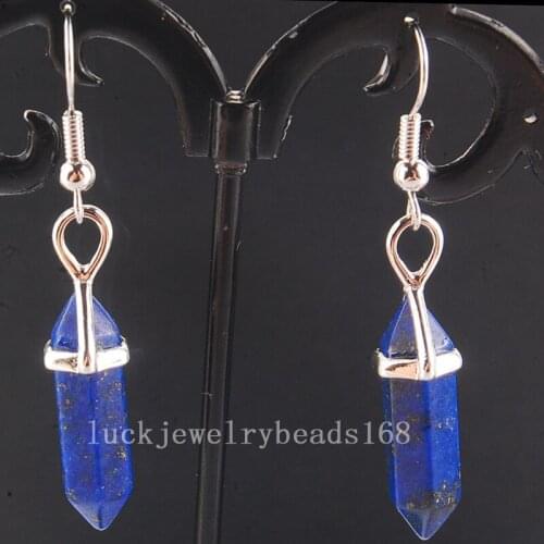 Free Shipping Women Fashion Jewelry Natural Lapis Lazuli Hexagonal Reiki Chakra Earrings Pair C4154