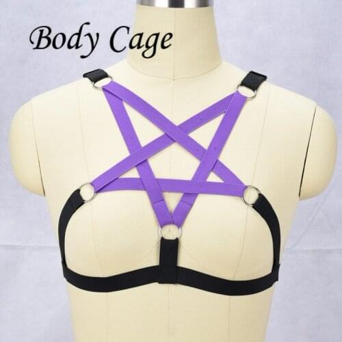 Body Cage New Fashion Goth Women Chest purple pentagram Studded Strap Garter Belt Cage Bondage Lingerie Bust Bra Black