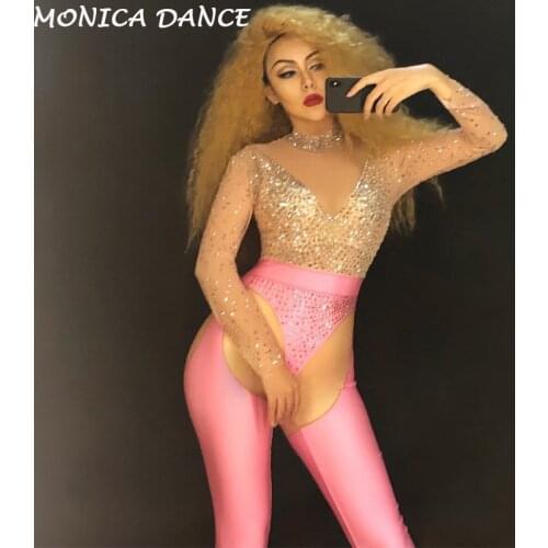 Women Sexy Stage Net Yarn Spandex Pink Jumpsuit Sparkling Crystal Nightclub Party Dancer Performance Stage Wear Bling Costumes