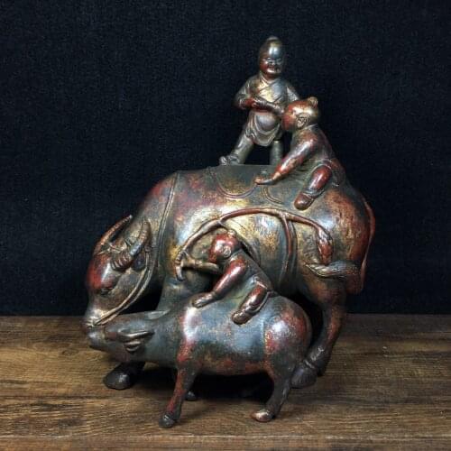 Home Decor 8"Tibet Buddhism Temple Old Bronze Cinnabars Boy herding bull statue Wangcai Boy Niu The hero does not ask the source