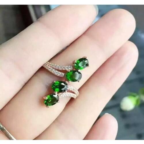 Natural Diopside ring Free shipping Natural green diopside 925 sterling silver Fine jewelry ring For men or women 4*6mm 4pcs