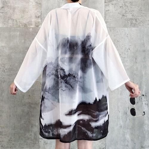 2021 Sunscreen Woman Japanese Traditional Kimono Cardigan Chinese Oriental Ink-wash Painting Thin Long Robe Coat Haori Outfits