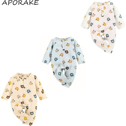 2021 0-18M Infant Baby Girl Boy Jumpsuit Button Cartoon Bears Print Round Neck Long Sleeve Romper Cotton Linen Clothes For Fall