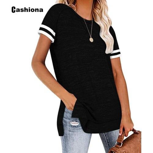 Cashiona 2021 Summer New Patchwork Stripe Womens Top Casual Leisure T-shirt Round Neck Basic Shirt Pullovers Womens Clothing