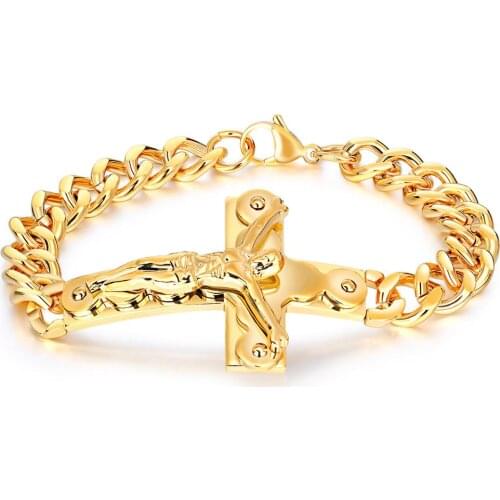 Mens Bracelets Jesus Cross Stainless Steel Male Bracelets pulseira Gold Color Cuban Chain Link Bracelet For Men Jewelry