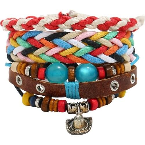 Boho Fashion Women Multilayer Bracelet Set Braided Leather Wristbands Wide Weave Bangle Wrap Beads Charm Ethnic Bohemian Jewelry