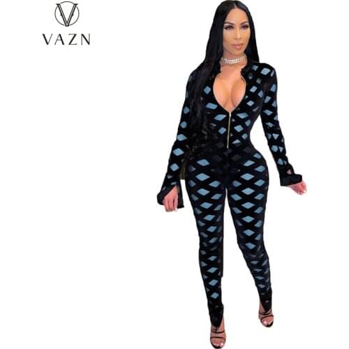 VAZN 2021 New Design V-neck Hole Out Full Sleeve Street Shinny Sexy Lady Women Party Beach Jumpsuits Full Pant Bandage Rompers