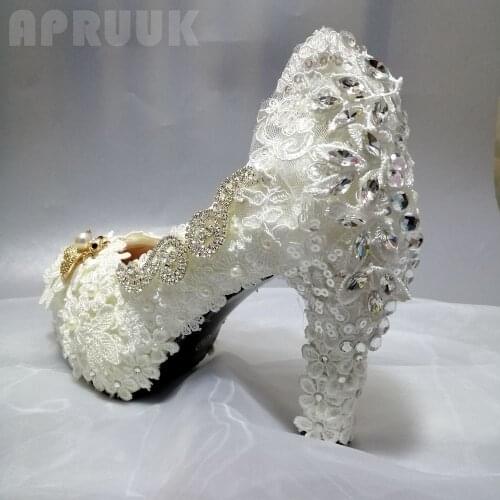 2020 new arrival round toes womens wedding shoes block super high 11CM heels woman lace party dress white lace crystal shoes