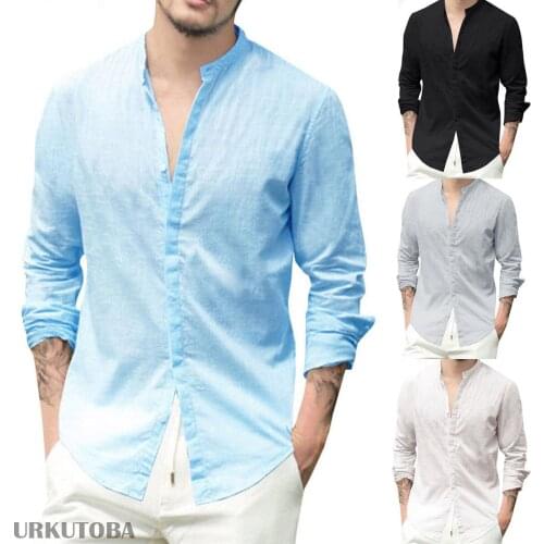New Men Shirt Long Sleeve Solid Cotton Linen Casual Shirts Shirt V-Neck Cotton Chinese Style Summer Beach Top
