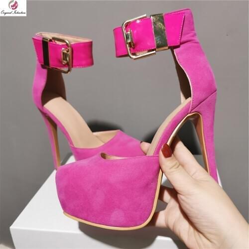 Original Intention Stylish Summer Spring Fushia Sandals Woman High Platform Stiletto High Heels Big Buckle Sexy Grace Shoes 4-15