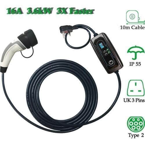 YKS-ESNES Portable EV Charger IEC62196 16A UK 3 Pins Plug 10M Type2