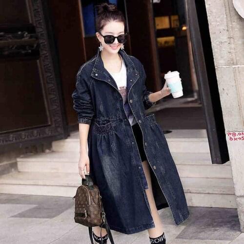 British Style 2019 Autumn Winter New Cowboy Windbreaker Casual Denim Trench Coat For Women Long Chic Jeans jaqueta feminina f172