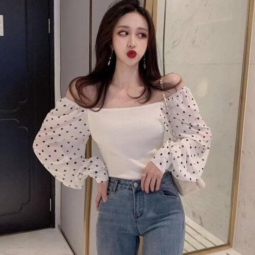 Women Sexy Slash Neck Slim Long Sleeve Bottoming Shirt Polka Dots Fashion Patchwork T-shirt Female Lantern Sleeve Casual Tops