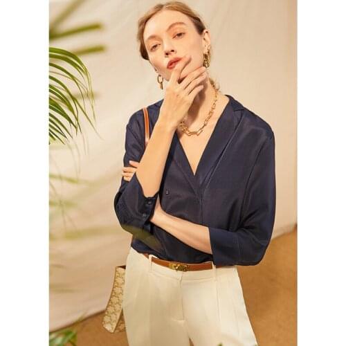 Blouse Women Elegant Style 100 % Silk Notched Double Breasted Three-quarter Sleeves High Quality Solid Shirt Ladies New Fashion
