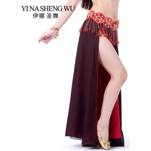 Belly Dance Costume Skirt Performance Belly Dance 2-side Slits Skirt Sexy Women Oriental Belly Dance Skirt Professional No Belt
