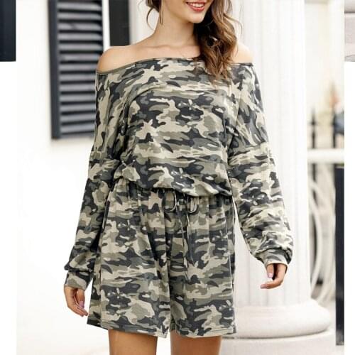 Camouflage Print Womens Shorts Sets Long Sleeve T-Shirt + Lace Up Shorts Match Ladies Set 2021 Summer Loose Casual Suit Female