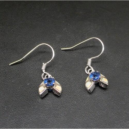 Hermosa Mystical White Opal Blue Sapphire Genuine 925 Silver Dangle Drop Hook Earrings Jewelry Gifts for Women Girls 20214313