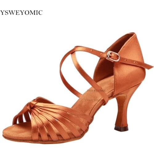 2021 Ballroom Latin Women Dance Shoes Soft Insole Bronze Black Satin High Quality Latin Salsa Dancing Shoes Customized Heel