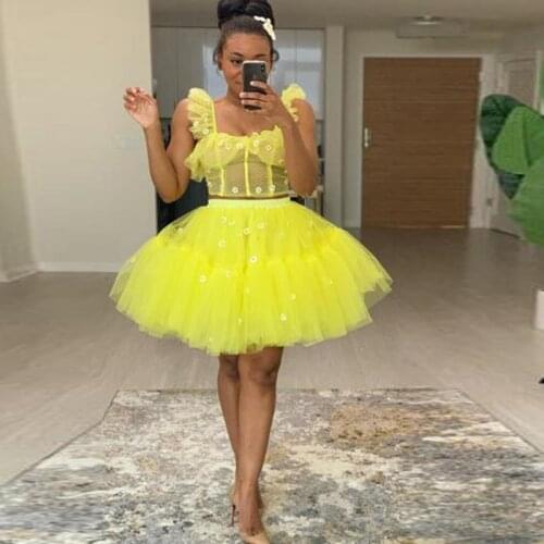 2020 African Trendy Yellow Tiered Tulle Mini Women Party Dresses New Applique Puffy Tutu Short Formal Dresses Summer Vestido