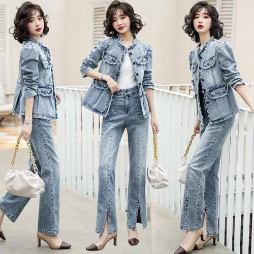 High Quality Denim Jacket And Jeans Suit Two Piece Women 2021 Autumn Spring Foreign Style Short Jacket Jeans Fashion Femme Sets