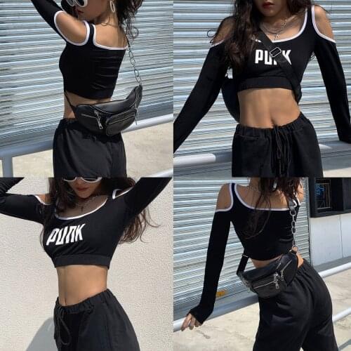 Women Sexy Off-the-shoulder Pullover, Black Letters Printed Pattern Long Sleeve Crop Tops, S/ M/ L