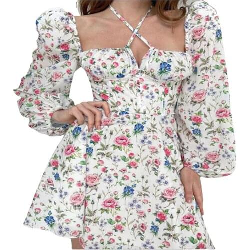 Women Square Collar Puff Sleeve Floral Printed A-line Dress Long Sleeve Tie-up Backless Slim Dress