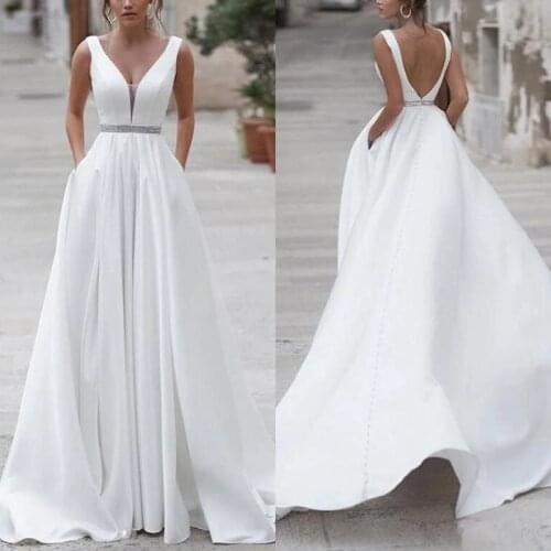 2020 Simple Stain Wedding Dresses with Crystal Belt Sexy V-neck Pocket Design Backless Outdoor Bride Gowns vestidos de noiva