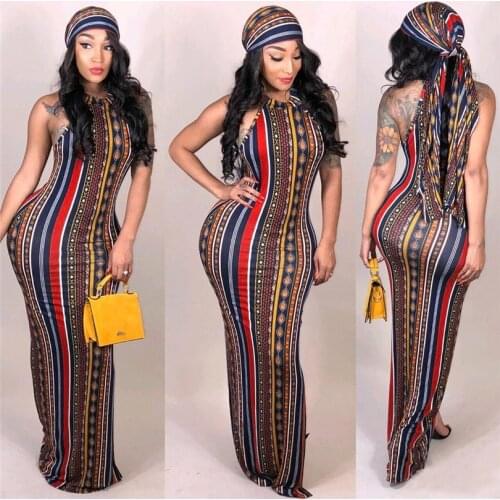 For women in the new 2021 African suit and sexy stripes Bohemian print dress (including headscarf)
