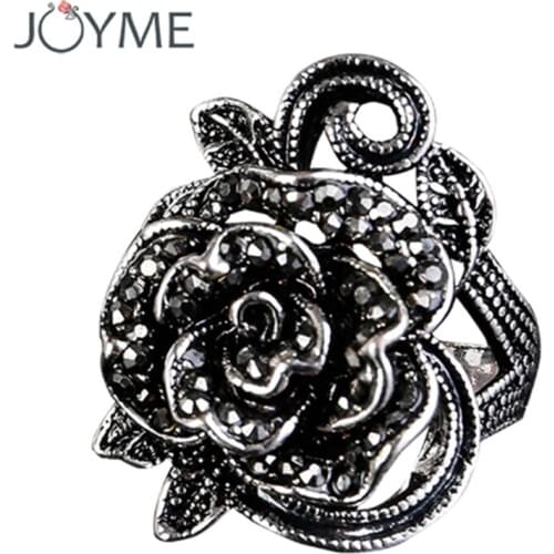 Charms Bijoux Antique Silver Color Vintage Ring Black Crystal Big Rose Flower Rings For Women Wedding Birthday Party Mother Gift