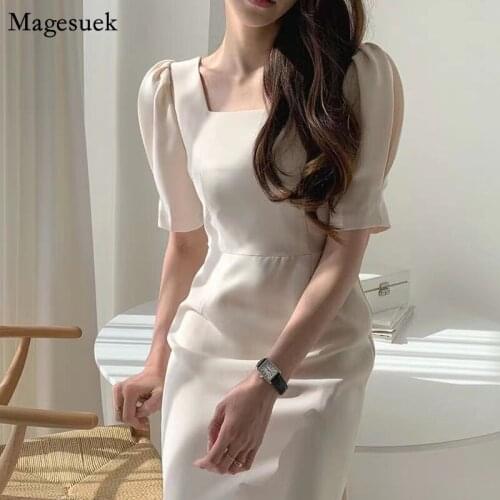 Vinatge Square Collar Summer Dress Women 2021 Casual Puff Sleeve Long Dress Vintage High Waist Black Female Dresses Robe 14701