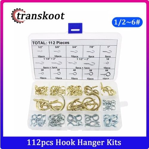 112pcs, 1/2" 5/8" 3/4" 7/8" 1" to 2" Eye Bolts Screw hooks and Brass Plated Ceiling Screw cup Hooks Hangers