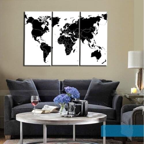 3Panel Digital Print Abstract Black and White World Map Modern Oil Paintings on Canvas Wall Art Picture Sofa Home Decor