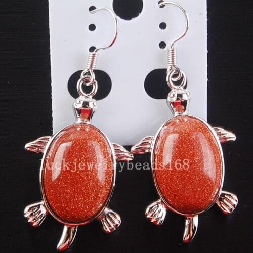 Free Shipping Women Fashion Jewelry 21x32mm Goldstone Turtle Bead Dangle Earrings Pair C4181