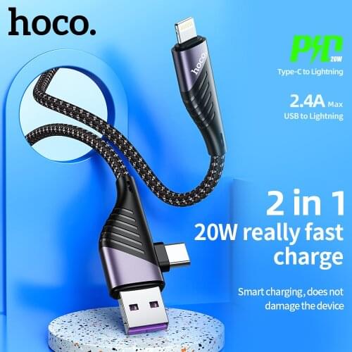 HOCO 2in1 PD Type C to Lighting Cable 20W PD 3A Fast Charging Sync data cord USB C to USB Cable for iPhone 12 11 Xs Max XR iPad